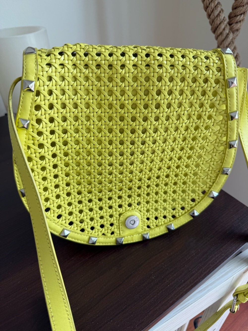 Rebecca Minkoff Neon Yellow Woven Saddle Crossbody with Silver Studs - Picture 2 of 6